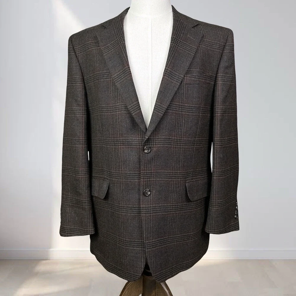 Jos. A. Bank Blazer Men 43R Brown Glen Plaid Wool 2 Button Lined Sports Coat